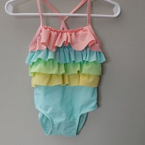 BNWOT First Impression 6-9mo teal,coral,green,yellow ruffles girls one piece